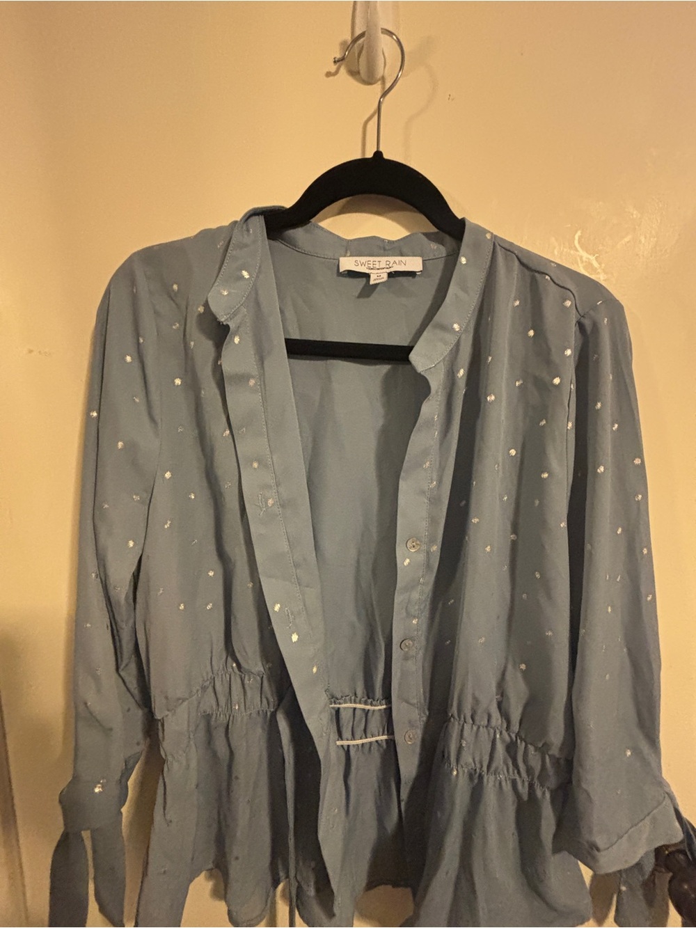Sweet Rain Light Blue Dot Peplum Button-Front Shirt